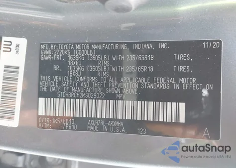 2021 Toyota Highlander Hybrid Xle from USA, damaged, VIN 5TDHBRCH2MS029022